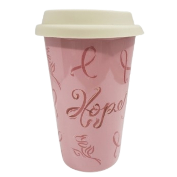 Longaberger Travel Cup Horizon of Hope Pink Ceramic Coffee Tea Mug with Lid - Picture 1 of 8